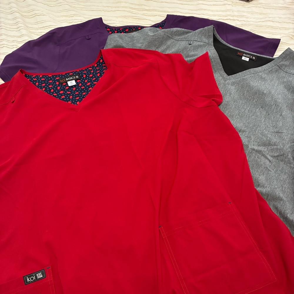 3 Koi Basics scrub tops! Plus Size 5X red, purple, and gray. Almost new!